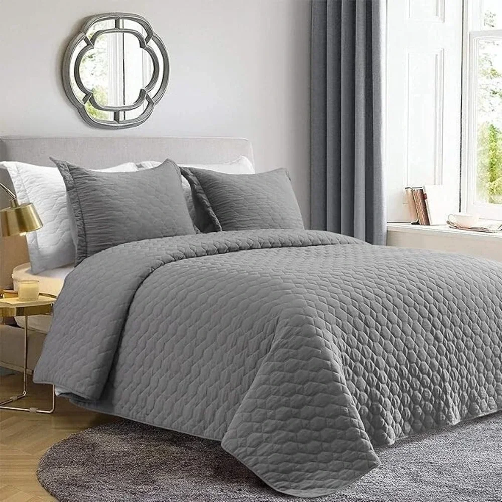 King Bedspread Quilt 3 Piece Reversible Set, Coverlet Bedding Set, Gray
